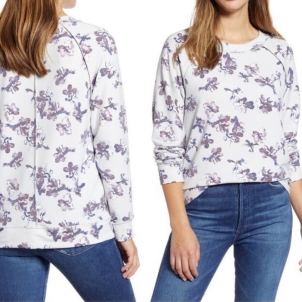 Caslon Women’s Blue Crew Neck Floral Sweatshirt Top XS
